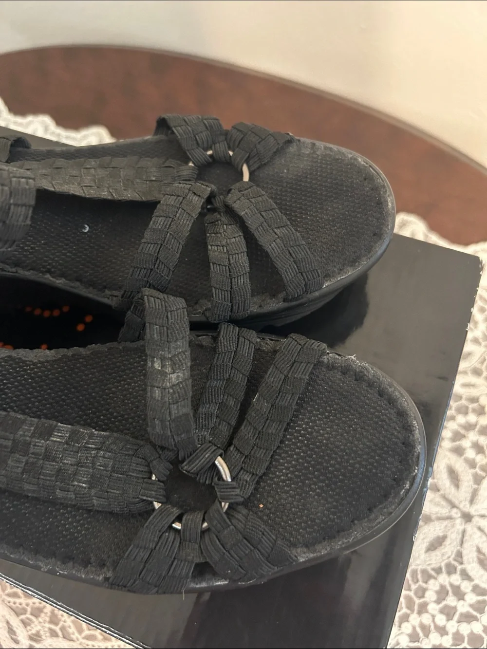 Bernie Mev. Crystal Black Woven Platform Sandals Size 37 with Box